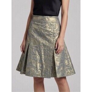 Charles Nolan Floral Jacquard Gold Metallic Coated A-Line Pleated Skirt Size 4